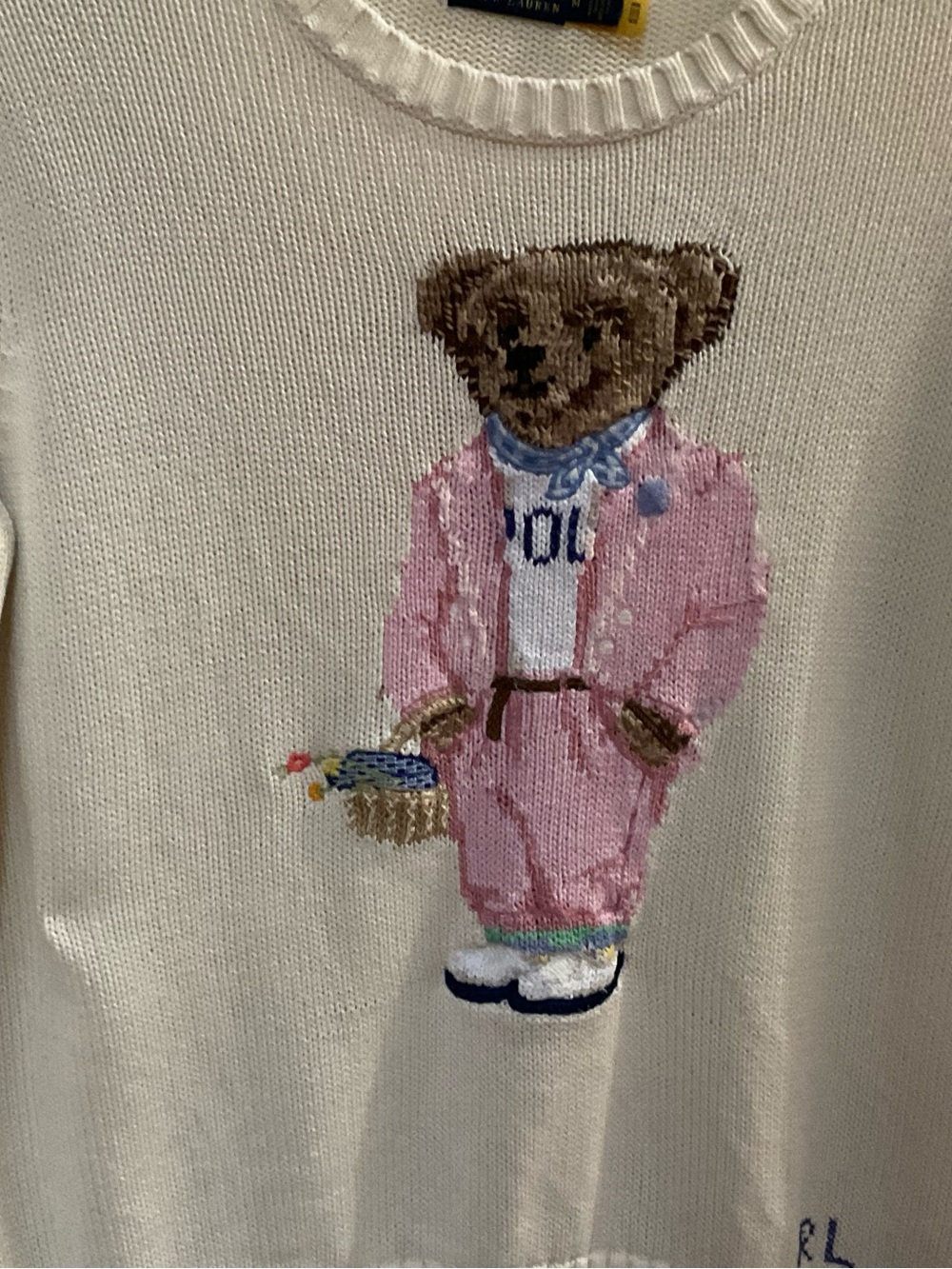 Ralph Lauren White Crewneck Sweater with Pink Polo Bear